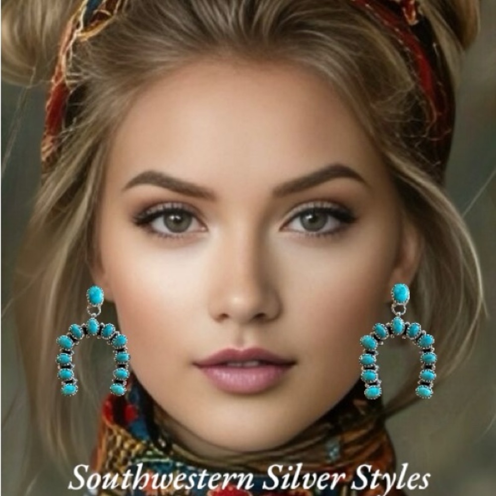 Southwestern Kingman Mines Turquoise Sterling Silver Squash Blossom Earrings